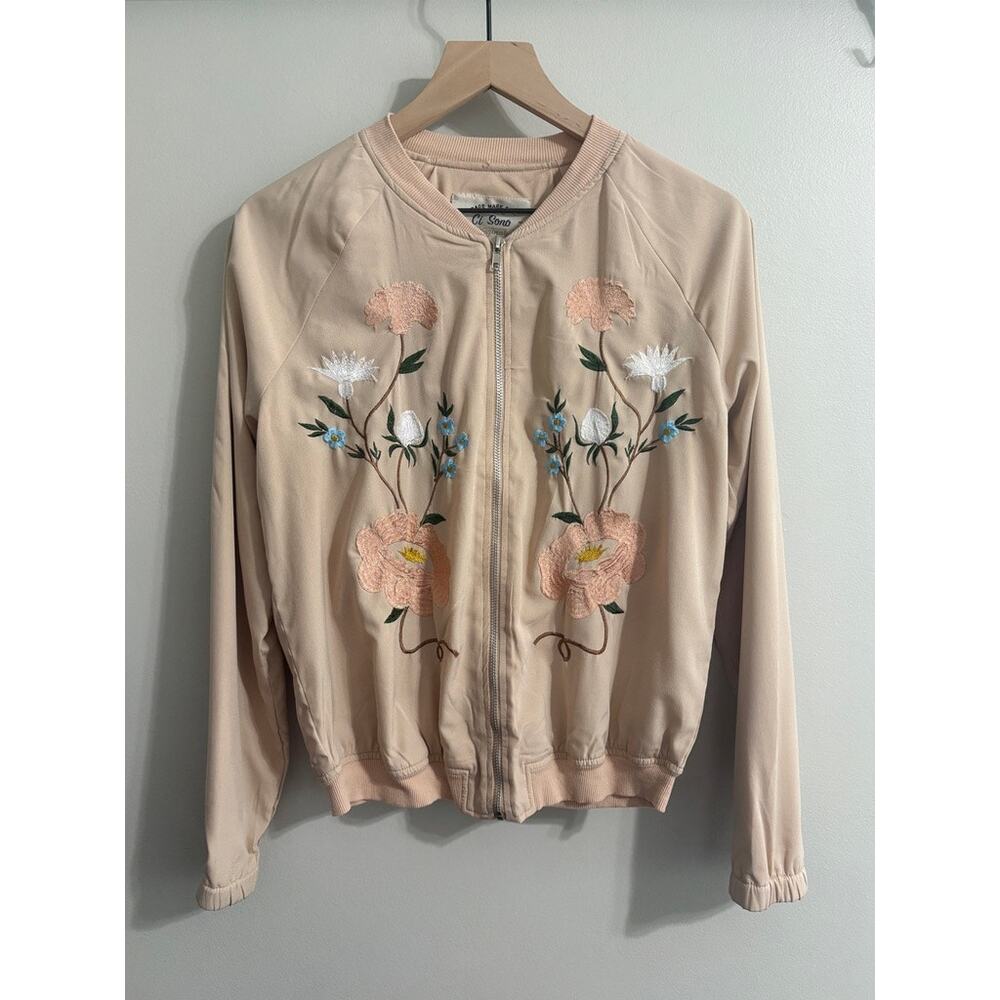 Ci Sono Original Embroidered Floral Full-Zip Bomber Jacket Beige Medium